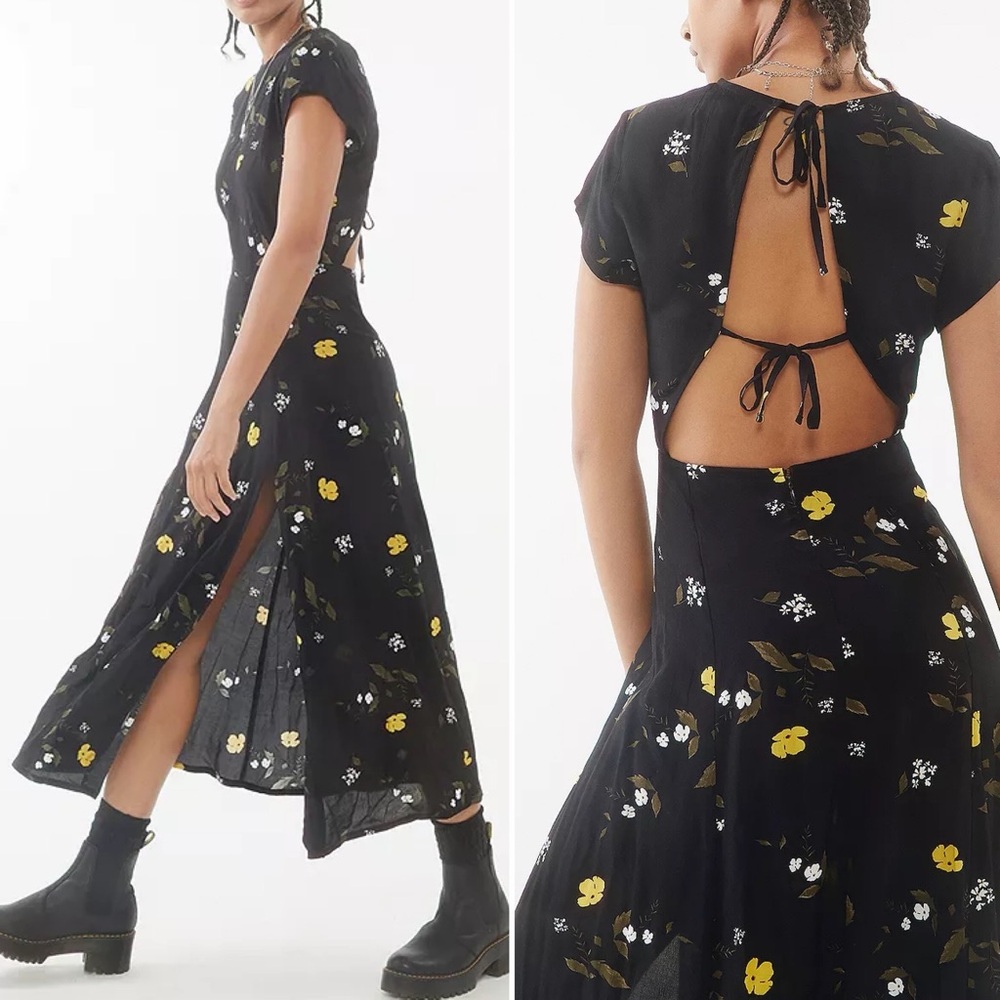 Urban Outfitters Lindsey Black Cap-Sleeve Midi Dress Yellow Floral Print UO Sz.S